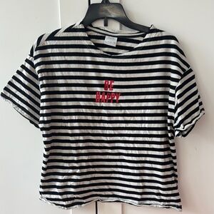 ZARA Striped Black and White T-Shirt with Red 'Be Happy' Text